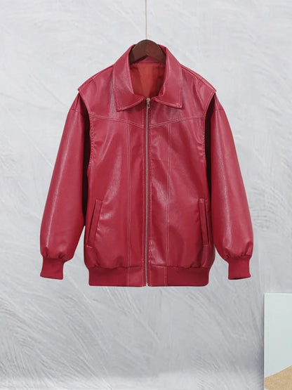 Damen Rote Kontrastlederjacke Eleganz