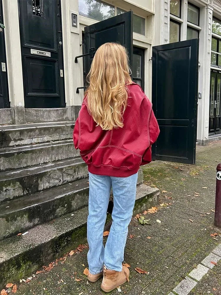Damen Rote Kontrastlederjacke Eleganz