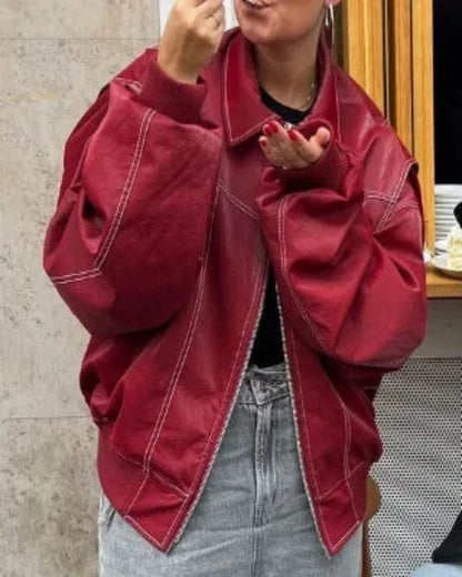 Damen Rote Kontrastlederjacke Eleganz